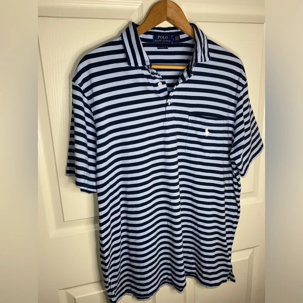 Polo Ralph Lauren Classic Fit Striped Polo Shirt - Size L, Navy & Light Blue